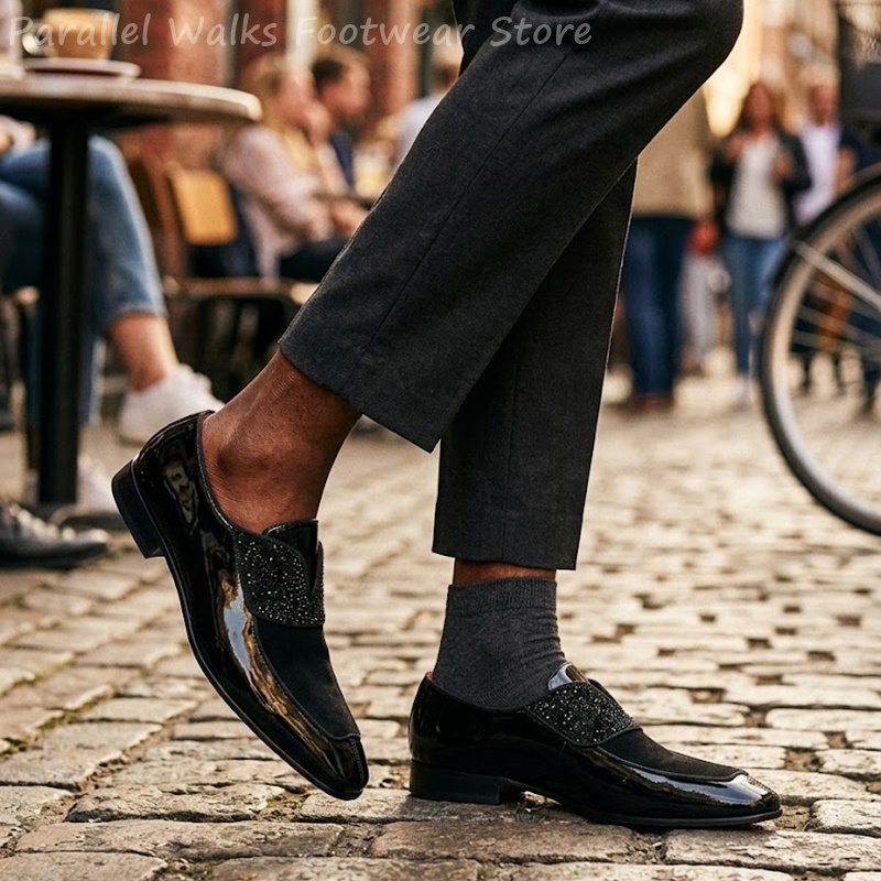 Men'S Shoes Smart - รองเท้าโลฟเฟอร์ผู้ชายสีดำหนังแก้วเทียมประดับเพชรแบบสวมใส่สบาย เหมาะสำหรับงานแต่งงาน งานเลี้ยงตอนเย็น และงานที่ต้องการความเรียบร้อย