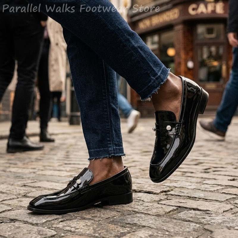 Men'S Shoes Smart - รองเท้าโลฟเฟอร์ผู้ชายสีดำหนังแก้วเทียมประดับเพชรแบบสวมใส่สบาย เหมาะสำหรับงานแต่งงาน งานเลี้ยงตอนเย็น และงานที่ต้องการความเรียบร้อย