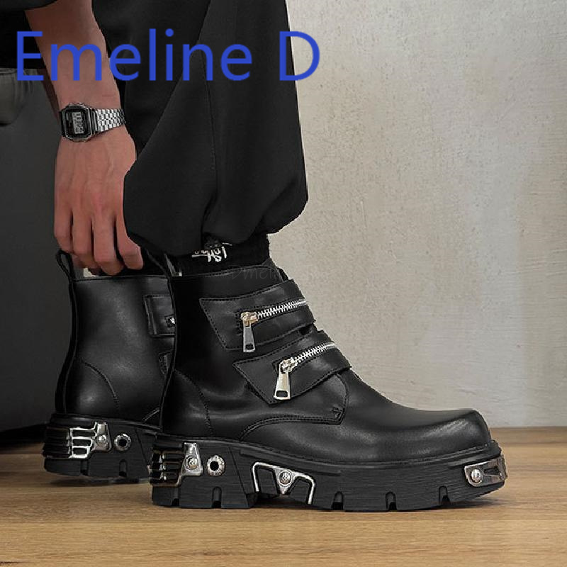 Men'S Shoes Increase Height - รองเท้าบูทสั้นทรงหุ้มข้อสไตล์ดิฟเฟอร์เทนท์ พังก์ ดีไซน์ซิปและสายรัด พื้นหนาเพิ่มความสูง แฟชั่นลำลองสำหรับผู้ชาย